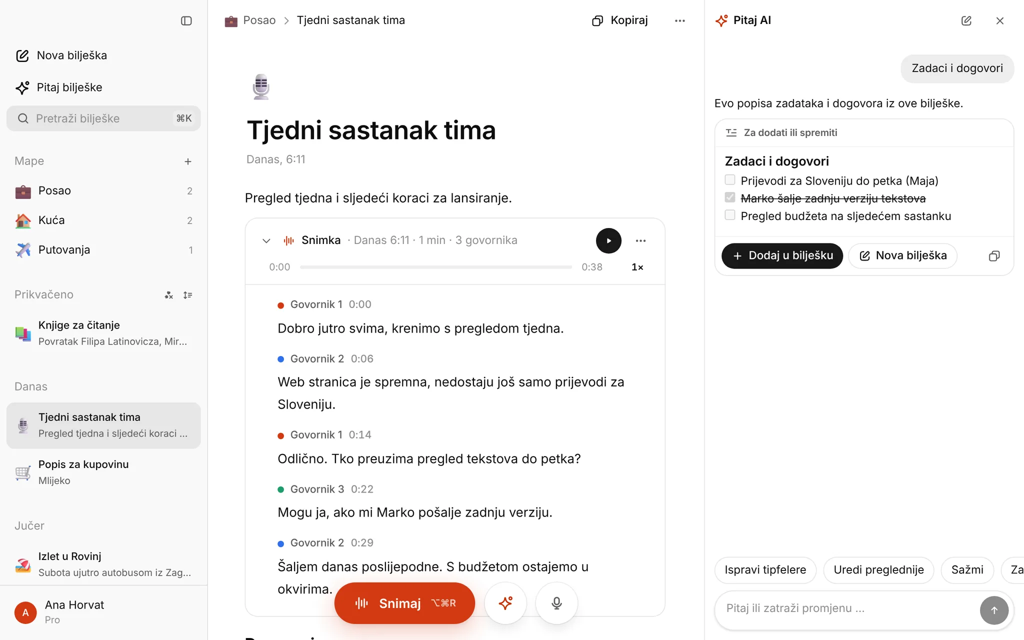 Zapisnik sa sastanka iz snimke, uz primjer za početak